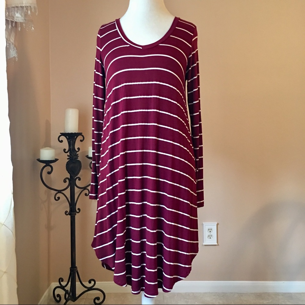 Burgundy (Oxblood) White Striped Long Sleeve Dress - Picture 3 of 8